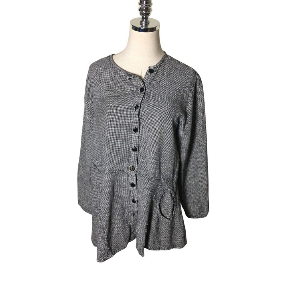 Flax Top Women's Size Small Houndstooth 100% Linen Black White Button Up